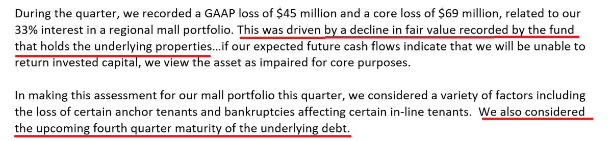 3/ wrote down the fair value, prompting  $STWD to take another 30% haircut on its carrying value. Ominously, on the call,  $STWD referenced the upcoming CMBS debt maturity as a factor in its thinking. Cap rates for the malls at loan issuance were in the low to high 6 range.