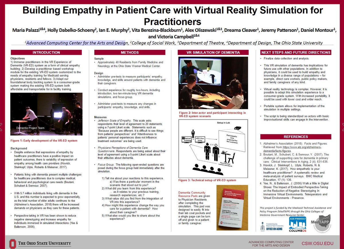 AgeFriendlyOH's tweet photo. Curious about the ways technology can enhance our healthcare system? Learn more about the innovative work of an interdisciplinary group helping to build a more #AgeFriendly health system through the use of Virtual Reality! #ACCAD @osucsw @OhioStateDesign @OSU_Theatre https://t.co/rTdSALwM1L