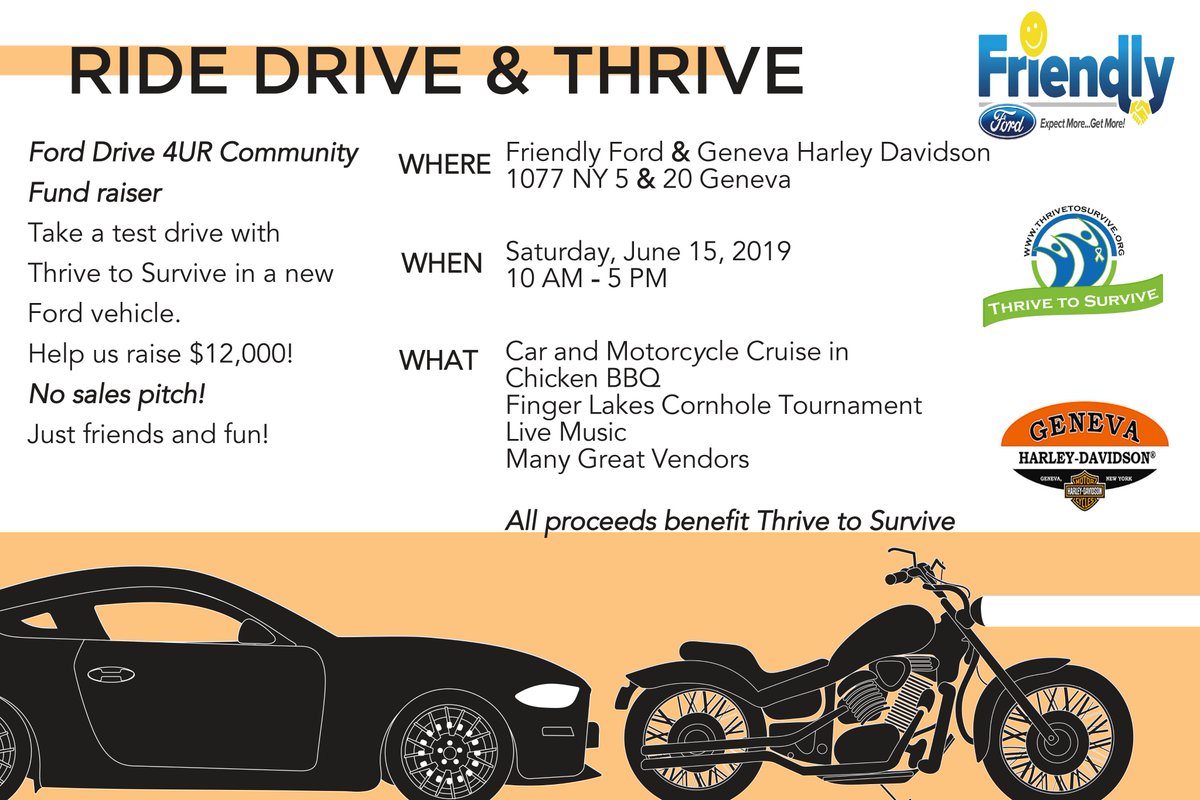 thrive2sur5's tweet photo. Fun and fund raising wrapped up in one awesome event at #FriendlyFordGeneva .  Come take a test drive for #thrivetosurvive. https://t.co/pnFZfesToP