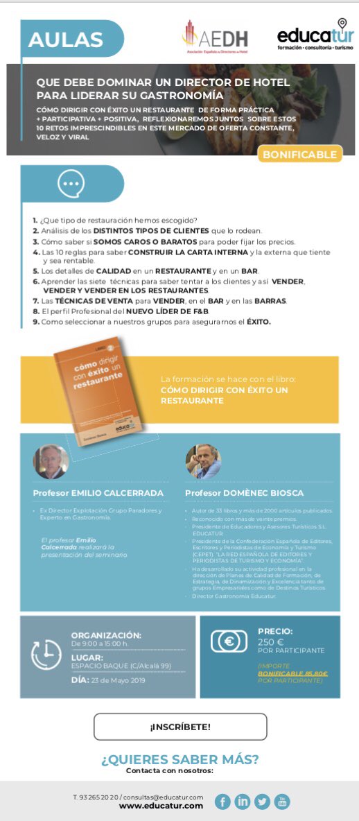 MANUELRUIZSOTI's tweet photo. Abiwrro plazo inscripcion: aedh@aedh.es.
Impartido por Emilio Calcerrada y Domenec Biosca
Jornada de mañana en Alcala 99 Madrid,terminaremos con un lunch show cooking.
Si estas interesado en asistir y aun no eres socio contacta con @Comunidad_AEDH 
#directoreshotel #gastronomia https://t.co/GKfAge6IqC