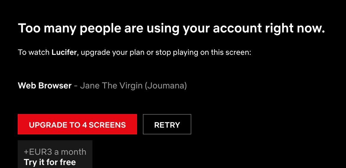taniazeenny's tweet photo. @NetflixFR Help ! J'ai le message d'erreur ci-dessous sauf qu'il n'y a qu'un seul compte actif et j'ai l'abonnement 2 écrans 🤔 https://t.co/HRP3V4sfQJ