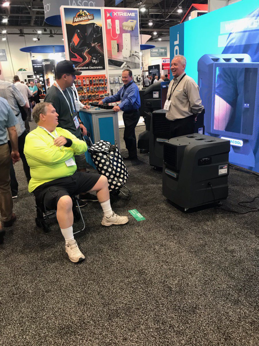 portacool's tweet photo. If you need some cooling at the @NHS_Show, just pull up a chair like this attendee did! See ya at booth 3387. He told his friends to come back & get him. π We like his thinking! #evapcool #portacoolcyclone #nhs_show https://t.co/7SECeD50uS