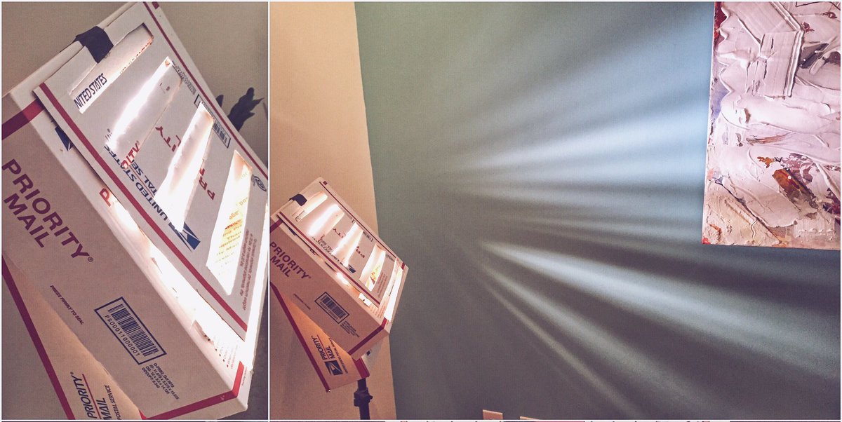 radschultz's tweet photo. You need to shape light and add rad texture but don’t have your cookies? DIY crafty goodness to the rescue. Sorry @USPS, but some Priority boxes were harmed in the making of this shot. #DIYPhotography #ShittyRig #ShittyRigs #DIYLighting #DIYVideography #SetLife #LightingTechnique https://t.co/ClNLK9E7Eo