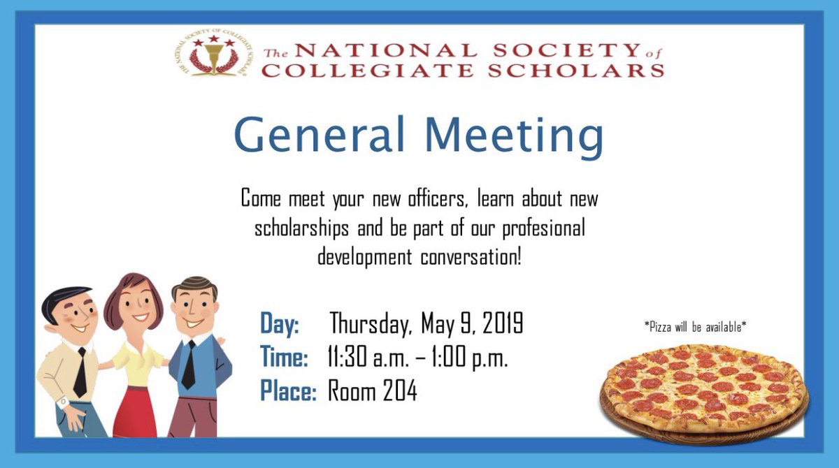 ¡Saludos 🤠! 
Recuerden aue mañana jueves, 9 de mayo de 2019 tendremos un General Body Meeting de 11:30 a.m. 1:00 p.m. en el salón 204 🕐, donde presentaremos a la nueva directiva 👥, hablaremos sobre nuestras becas y más.
🚨HABRÁ PIZZA GRATIS🚨