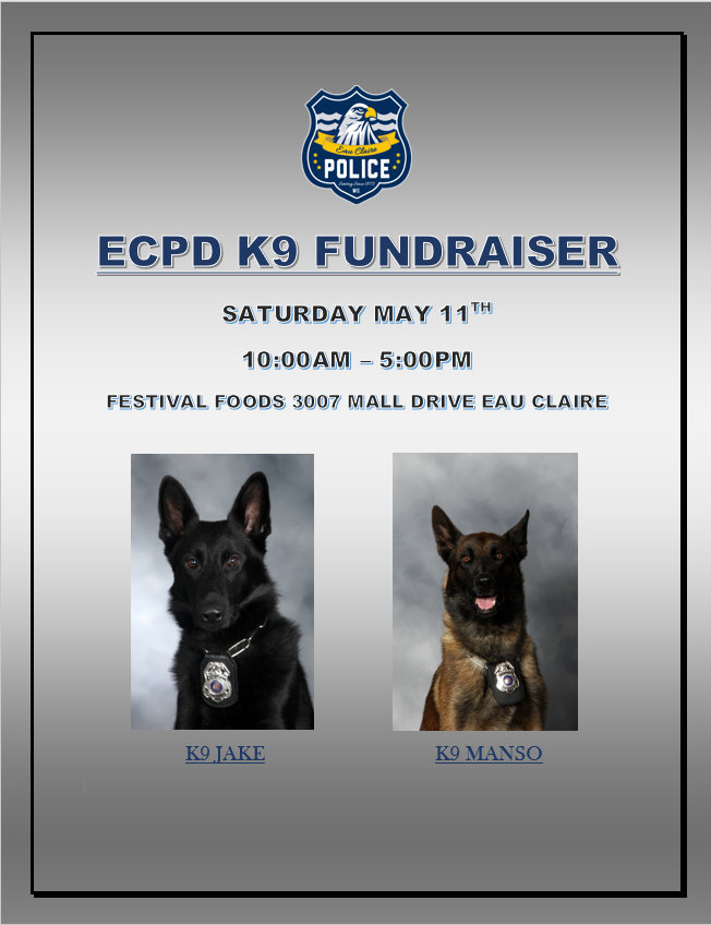 EauClairePD's tweet photo. In Wisconsin we love bratwurst and dogs.  This Saturday May 11th from 10:00-5:00 you can enjoy both at the Brat Barn at Festival Foods on Mall Drive .  Our K-9 companions and their handlers will be serving up brats that will benefit the ECPD's K9 Program.#K9Cop https://t.co/Y3n4hSarRz