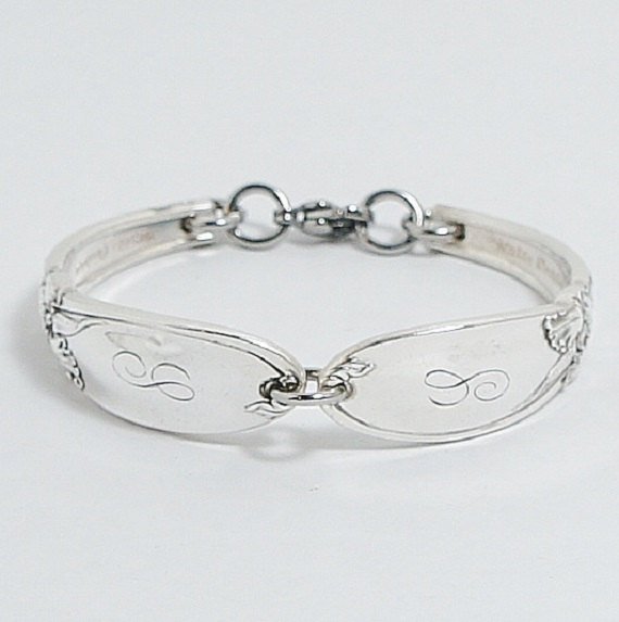 #etsy October Birthflower Engraved Monogram 'S' Initial 14th Anniversary Flower Spoon Bracelet Authentic 'White Orchid' Year 1953 etsy.me/2WyzC2q #bridaljewelry #somethingold #spoonbracelet #october #14thanniversary #thehoneyspooners #silverwarejewelry