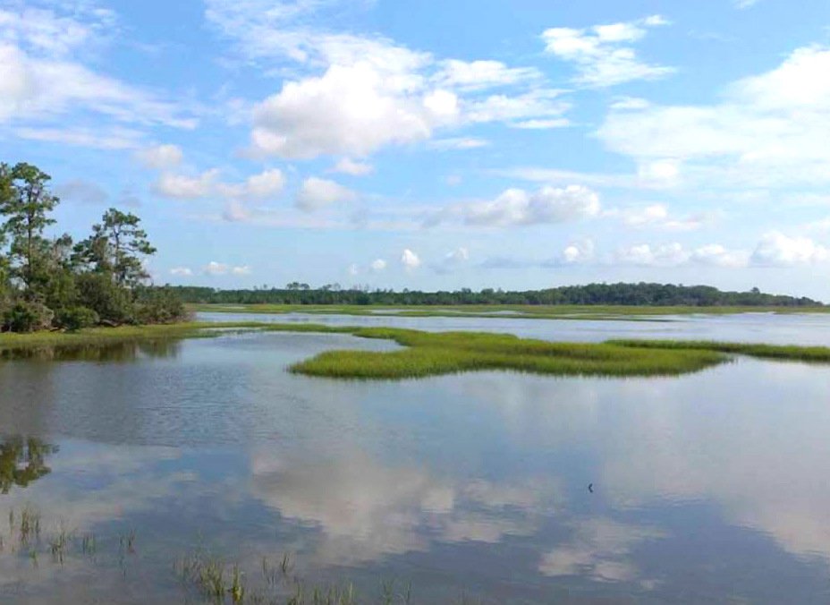 Open water and tall grass of a salt water marsh under a blue sky.