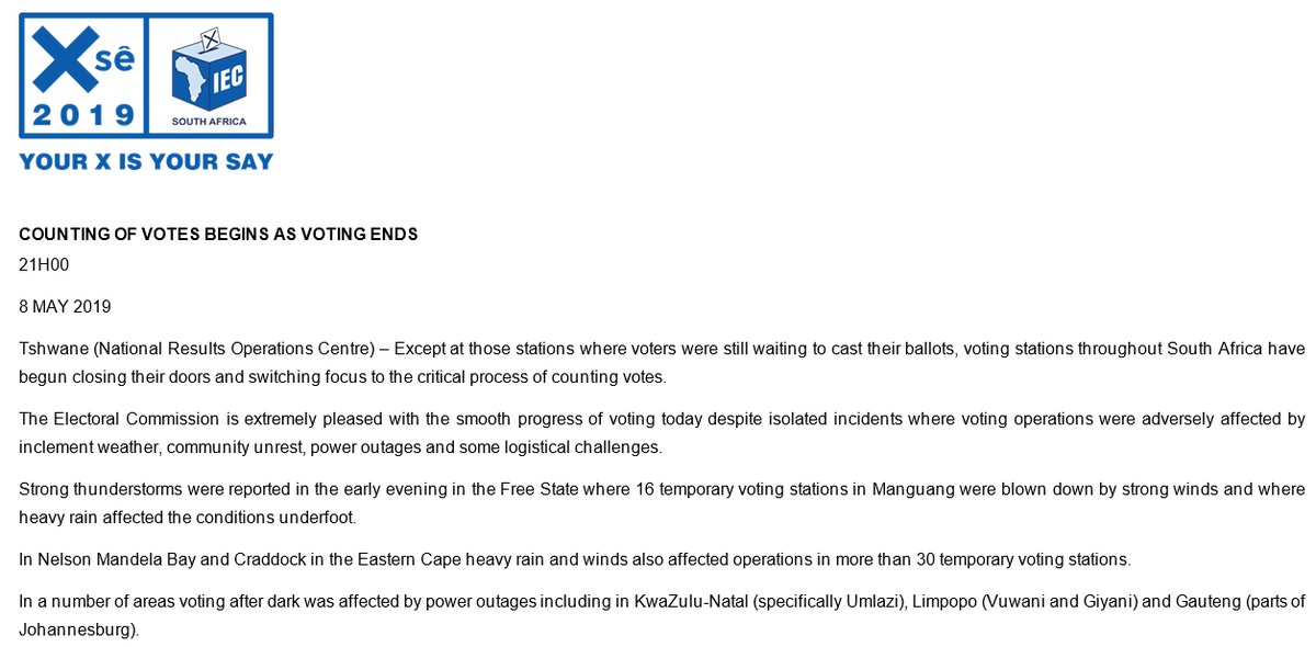 SAgovnews's tweet photo. [STATEMENT] @IECSouthAfrica COUNTING OF VOTES BEGINS AS VOTING ENDS #SAElections2019 #XseDay #SADecideds2019 https://t.co/z9OvnNCmox
