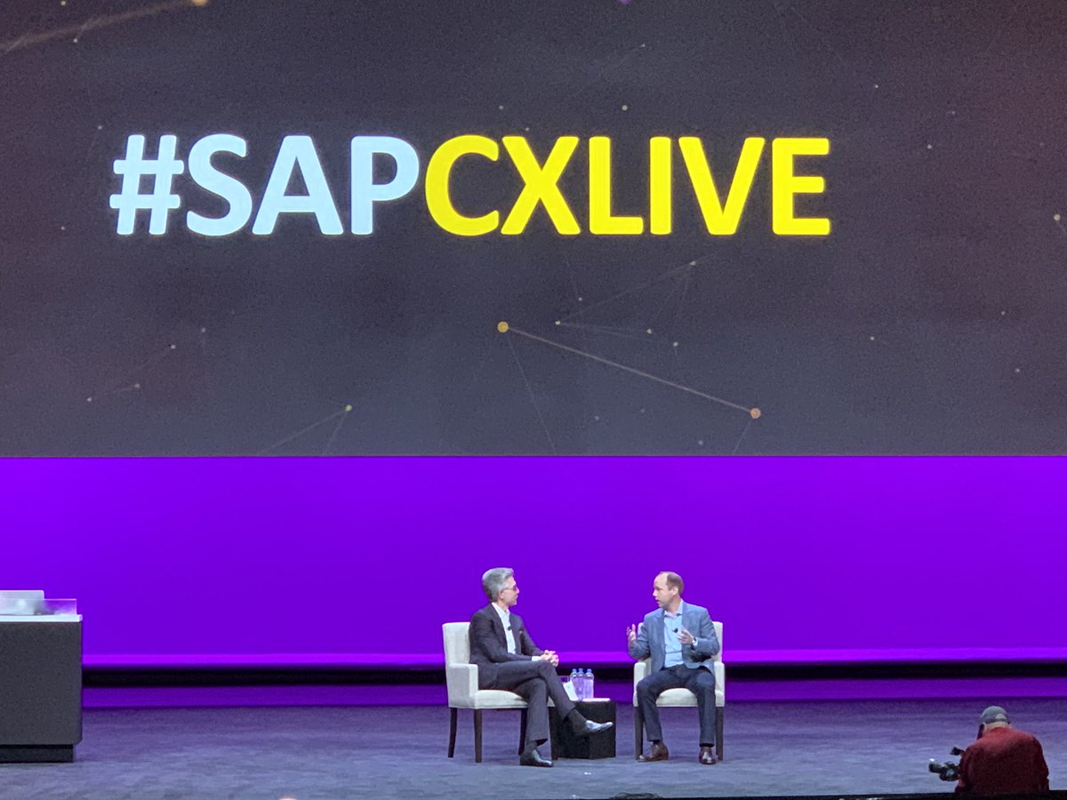 Bill McDermott on stage with Alex Atzberger - talking about how to get little customers in the door - listen to your customers - know your customers! #SAPCXLive <a href="/aatzberger/">Alex Atzberger</a>