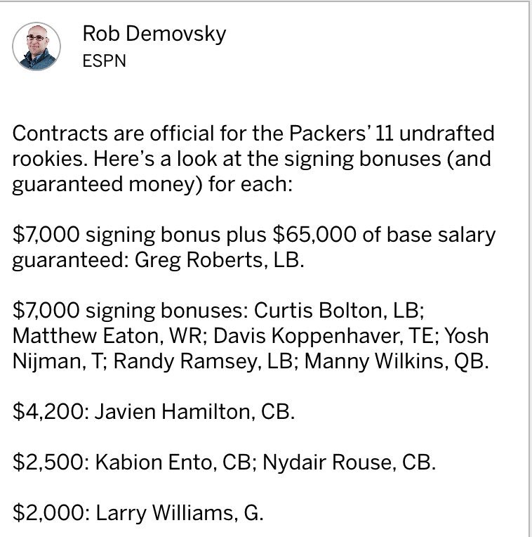 Rob Demovsky On Twitter Signing Bonuses And Guaranteed Money For The Packers Undrafted Free Agent Class First Time I Can Remember Then Guaranteeing Part Of A Base Salary Https T Co B76wg5egyv Https T Co Asoxshsqd9