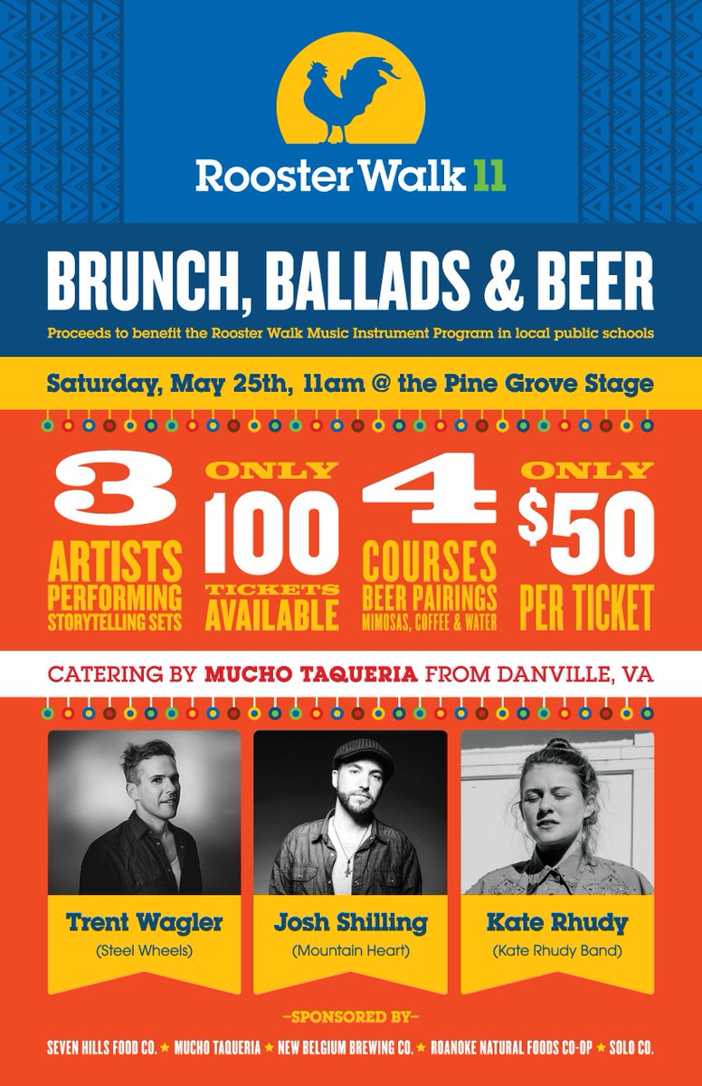🥓🍻🎶 ANNOUNCING :: Brunch, Ballads &amp; Beer, 5/25, 11:00am in the <a href="/newbelgium/">New Belgium Brewing</a> Pine Grove

🎤“ Songwriter in the Round” performances from Trent Wagler of <a href="/thesteelwheels/">The Steel Wheels</a>, <a href="/Joshshilling/">Josh Shilling</a> of @mountainheart &amp; Kate Rhudy <a href="/hudeskrate/">Kate Rhudy</a>

🎫 On sale Fri, 5/10 at 10am RoosterWalk11.eventbrite.com