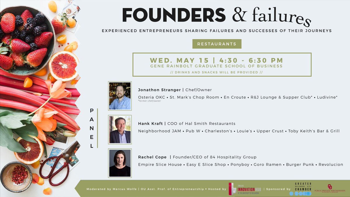 OUInnovationHub's tweet image. Want to learn from the failures of some of Oklahoma City's most successful restaurateurs? The event is open to anyone and tickets are free! Sign up today! eventbrite.com/e/founders-fai…