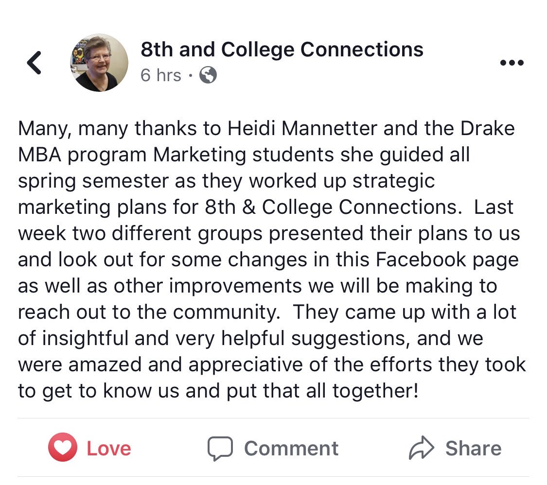 The students deserve all of the credit! Kudos to #mba251 this semester for their stellar work with 8th &amp; College Connections!