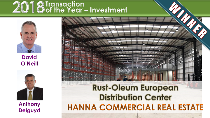 Congratulations to DAVID O'NEILL and ANTHONY DELGUYD of Hanna Commercial Real Estate for Investment Transaction of the Year Award for Rust-Oleum European Distribution Center <a href="/DavidONeill47/">David ONeill</a> <a href="/HannaCRE/">Hanna Commercial</a>