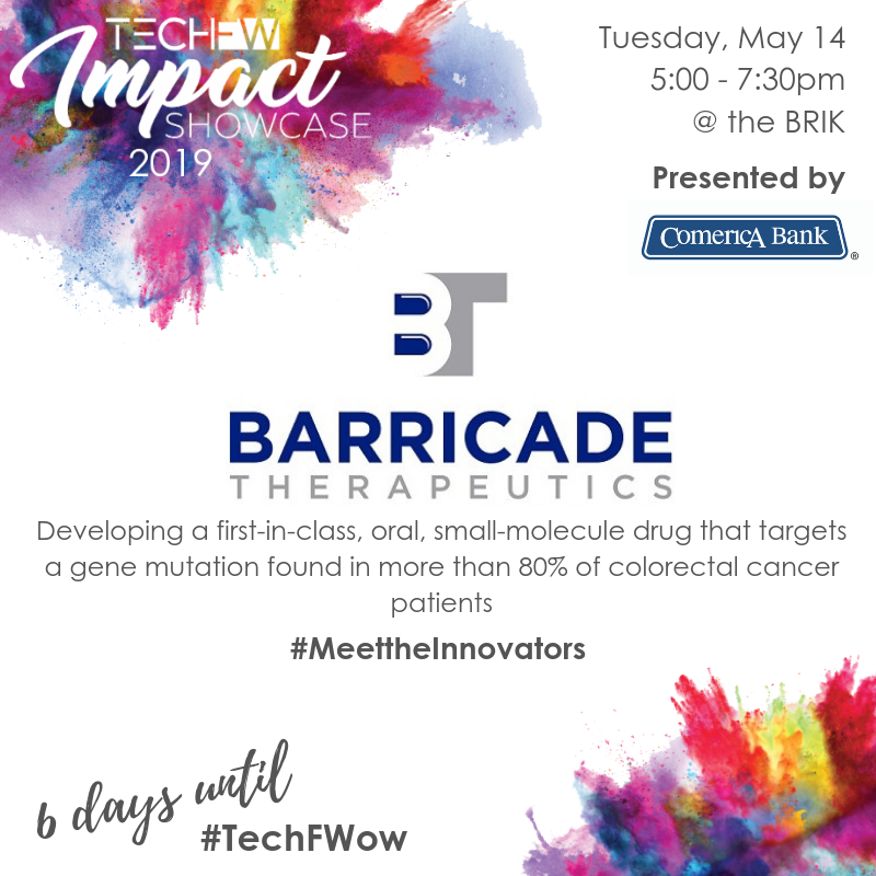 TECHFortWorth's tweet photo. We are 6 days away from the Impact Showcase! Come find out how Barricade Therapeutics is impacting the #biotech industry. Check them out at https://t.co/Ueha9K3lV2 &amp; RSVP at https://t.co/XMAodYb7El #6days #TechFWow https://t.co/PSEJxOiQFd