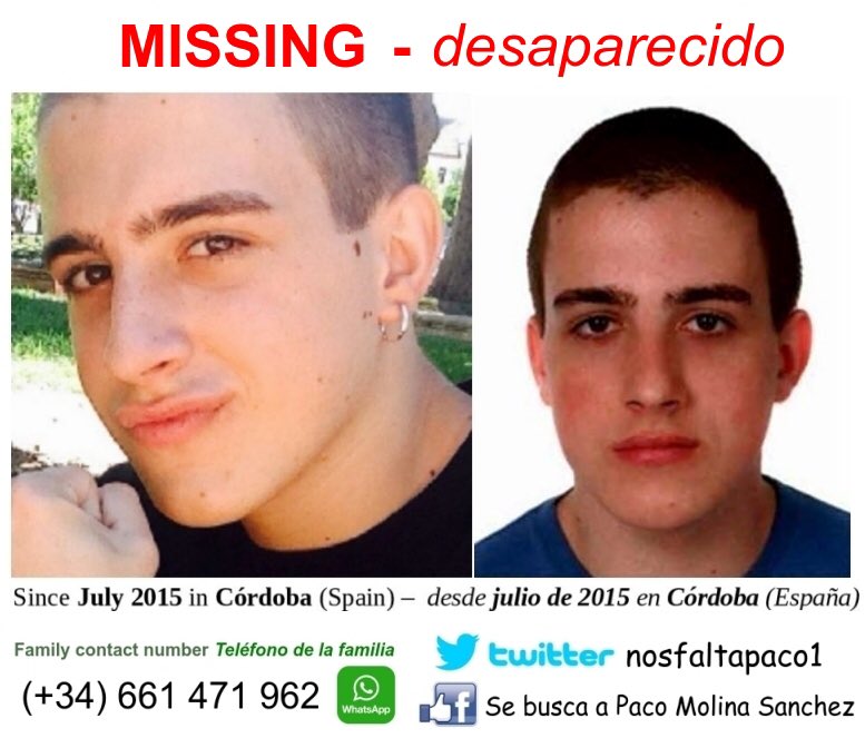 nosfaltaPACO1's tweet photo. Pasan los dias y la informacion no llega. Por favor si sabeis algo llamarnos. 091 portavoz 689 950 710 padre 661 471 962 #buscandoapacomolina  #firstdates891 https://t.co/NtPCCFVZgd