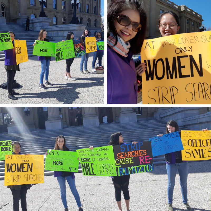 EFryNAlberta's tweet photo. Today we marched to the Alberta Legislature Building to raise awareness about the use of Strip Searching in federal and provincial institutions. Strip Searching is state sanctioned sexual assault and the practice needs to be abolished! #endstripsearching #hearmetoo https://t.co/u5TZUqxyLi