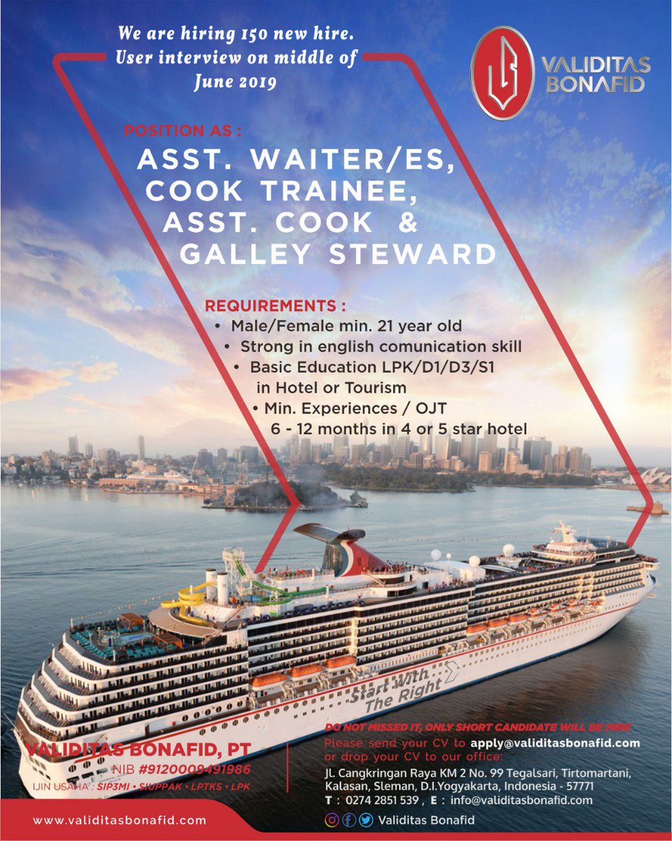 Validitasbonafid On Twitter Incollaboration With Quantum Job Hiring Partner Of Carnival Cruise Line Please Feel Free To Do Prescreening At Our Office Careers Kerjakapalpesiar Kerjaluarnegeri Kerjagajidollar Indonesia Hoteljobs