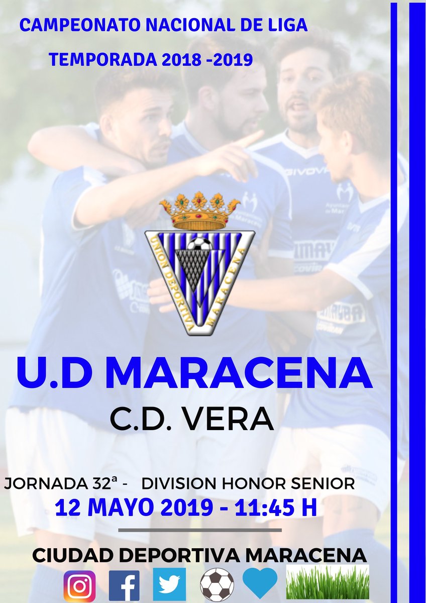 ⚽¡ PRÓXIMO PARTIDO DE LIGA !   ⚽
El Domingo a llenar la Ciudad Deportiva ,
para apoyar a nuestro equipo !!!!!!

🆚 C.D.VERA <a href="/cdvera_es/">Club Deportivo Vera</a> 
 
📅Domingo , 12/05    ⏱ 11:45             
🏟Ciudad Deportiva Maracena

#VamosMaracena    
#DivisiónHonorSenior