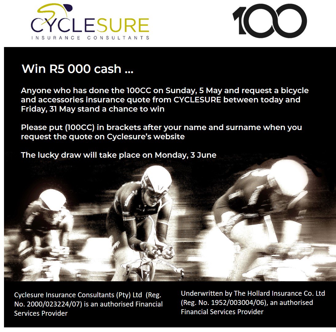 ANNOUNCEMENT: The 100CC Cyclesure competition has been extended to 31 May. Anyone who has done the 100CC and  request a bicycle and accessories insurance quote at cyclesure.co.za between today and 31 May stand a chance to win.
<a href="/Cyclesure/">Cyclesure</a> 
#SweatTheSunday #100InMay