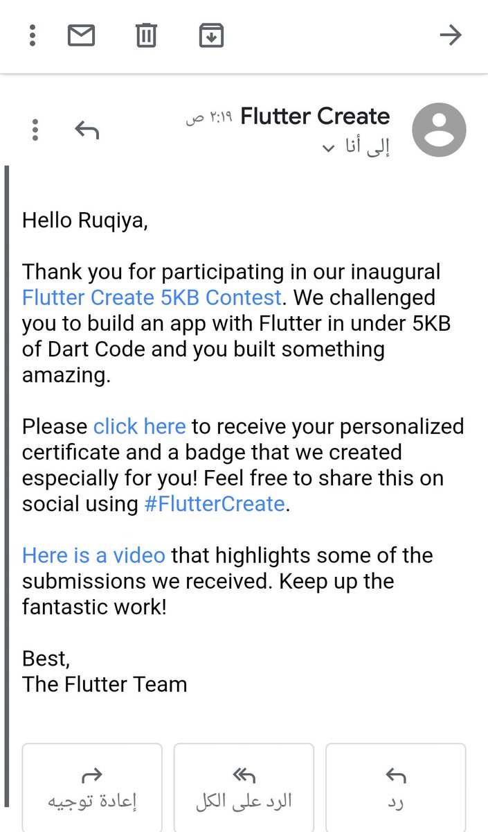 Ru0Sa's tweet image. سعيدة بالحصول على شهادة وشارة من الفريق المطور لفلاتر للمشاركة بمسابقة #FlutterCreate 
Thanks Flutter team 😊
