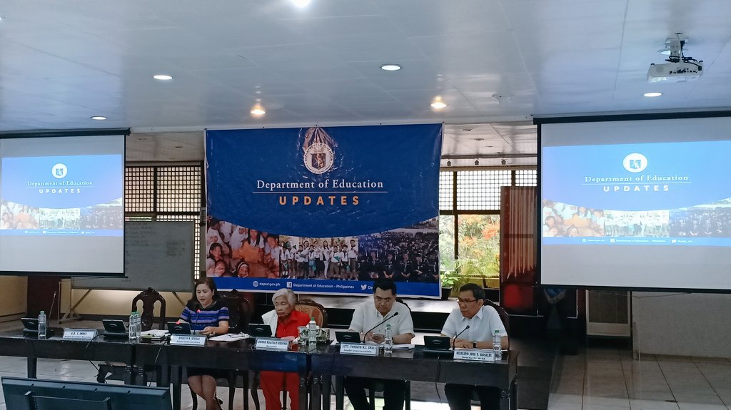 SecLiling's tweet photo. #DepedUpdates: Press Conference at Bulwagan ng Karunungan, DepEd Central Office with Usec. Anne Sevilla, Usec. Toni Umali, Asec. GH Ambat and Dir. Rizalino Rosales. https://t.co/DzKO1z5KoQ