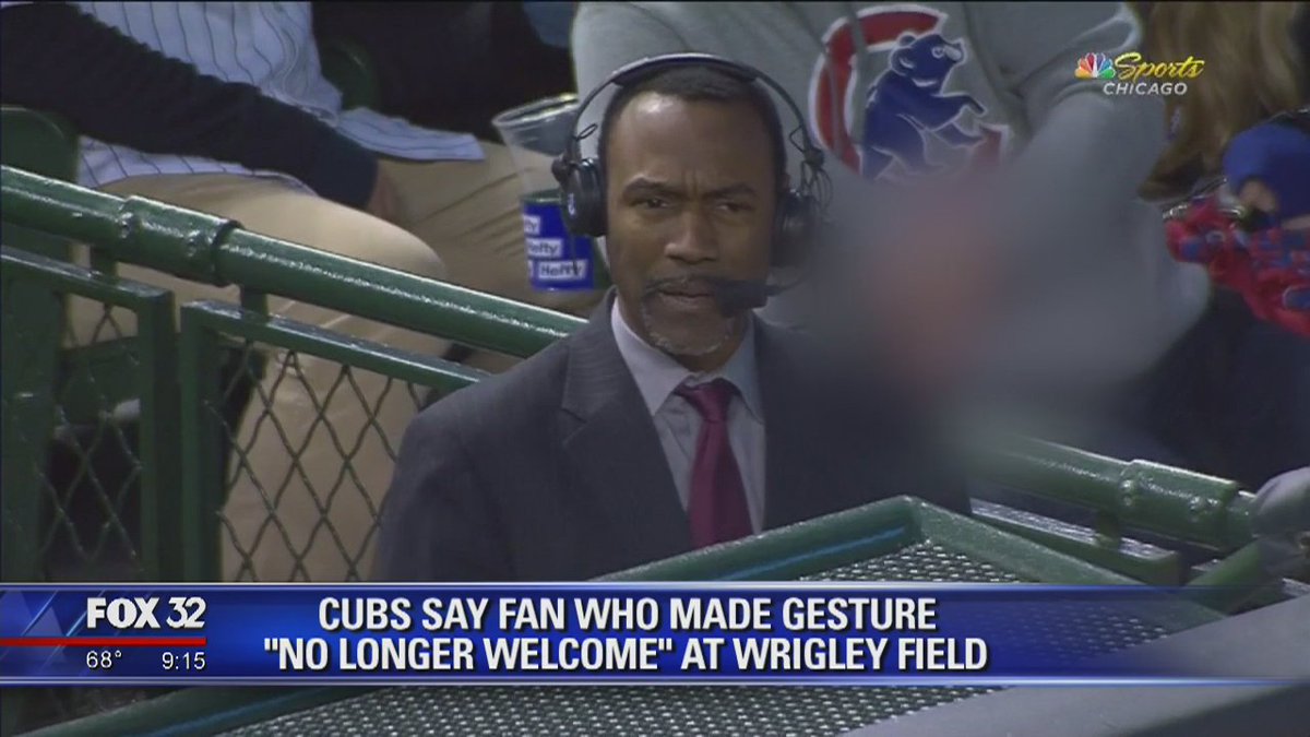 fox32news's tweet photo. The Chicago @Cubs have banned indefinitely from Wrigley Field the fan that used what appeared to be a racist hand gesture behind an African American television reporter during a game at their ballpark. https://t.co/rnAQLGLUh2 @anthonyponceTV reports https://t.co/mZH3KtSyud