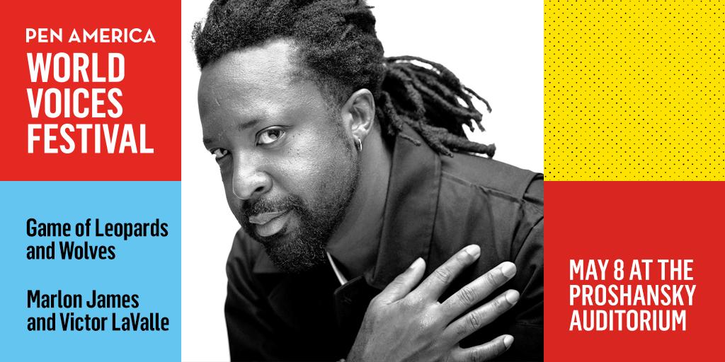 PENamerica's tweet photo. Tune in at 7PM for the livestream of tonight's @PENWorldVoices event!

@MarlonJames5 speaks with @victorlavalle about his shift to fantasy with the novel Black Leopard, Red Wolf. #PENFest2019 https://t.co/lrOMbJwNNZ https://t.co/5Erd4LQ33v