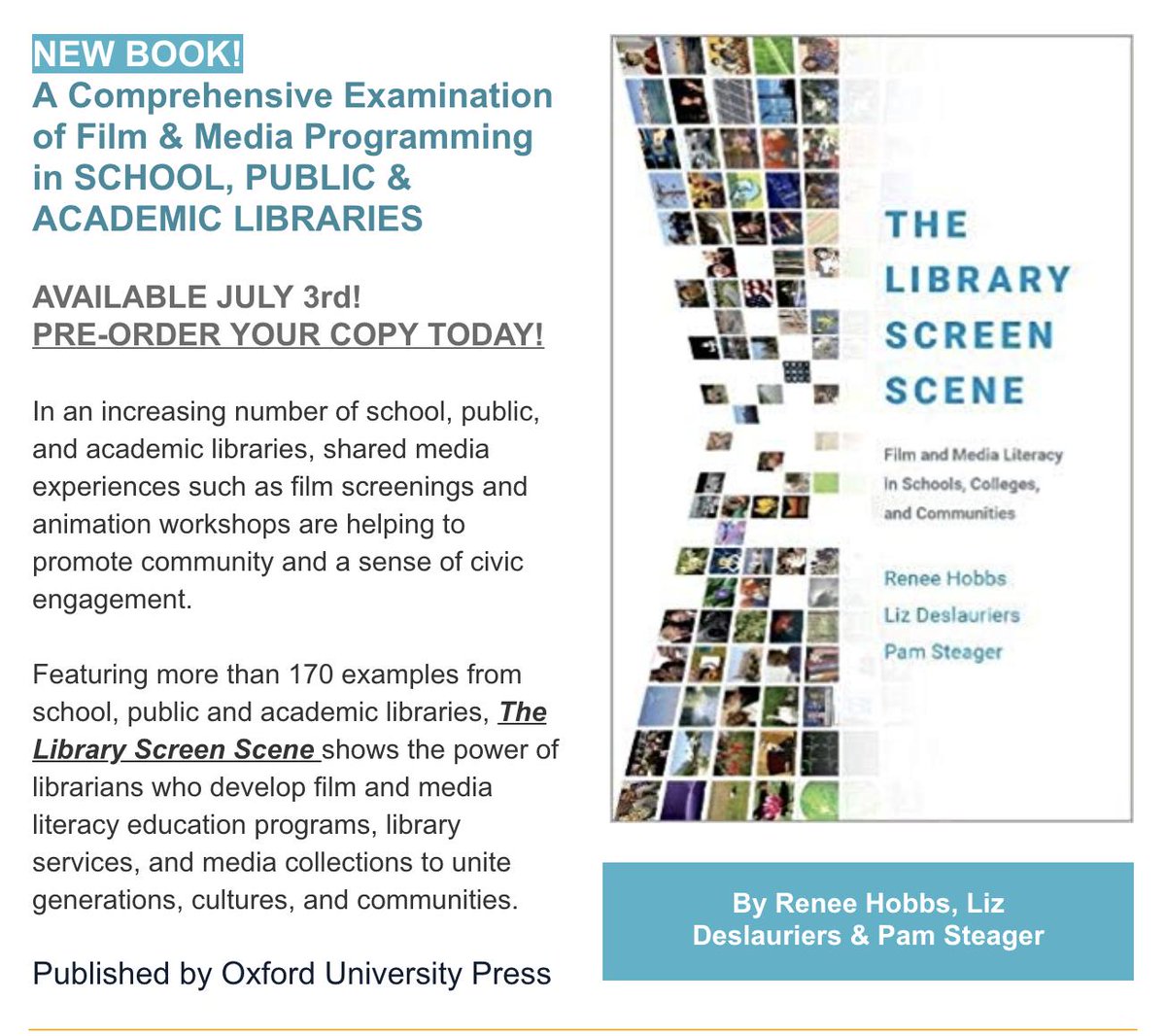 reneehobbs's tweet photo. Getting excited about the upcoming release of our new book, The Library Screen Scene! #tlchat #libraries https://t.co/jrGfLAFnT6