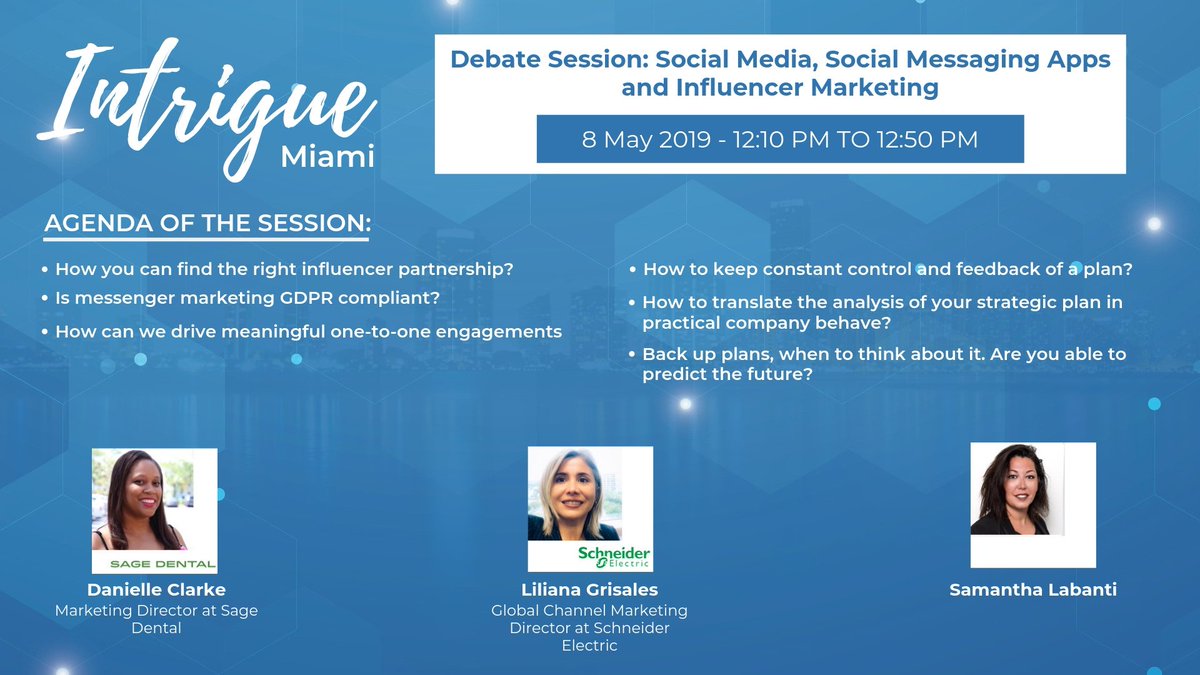 salesgasm's tweet photo. Liliana Grisales of @SchneiderElec, @GleeNYC of @MySageDental and
@SamanthaLabanti had a great time discussing about #SocialMedia, #SocialMessaging Apps and #InfluencerMarketing at #INTMIAMI being held at
@JWMM_Miami today.
#DigitalMarketing #Marketing #SMO #SMM #Intrigue #Miami https://t.co/RF7wvIeaVy