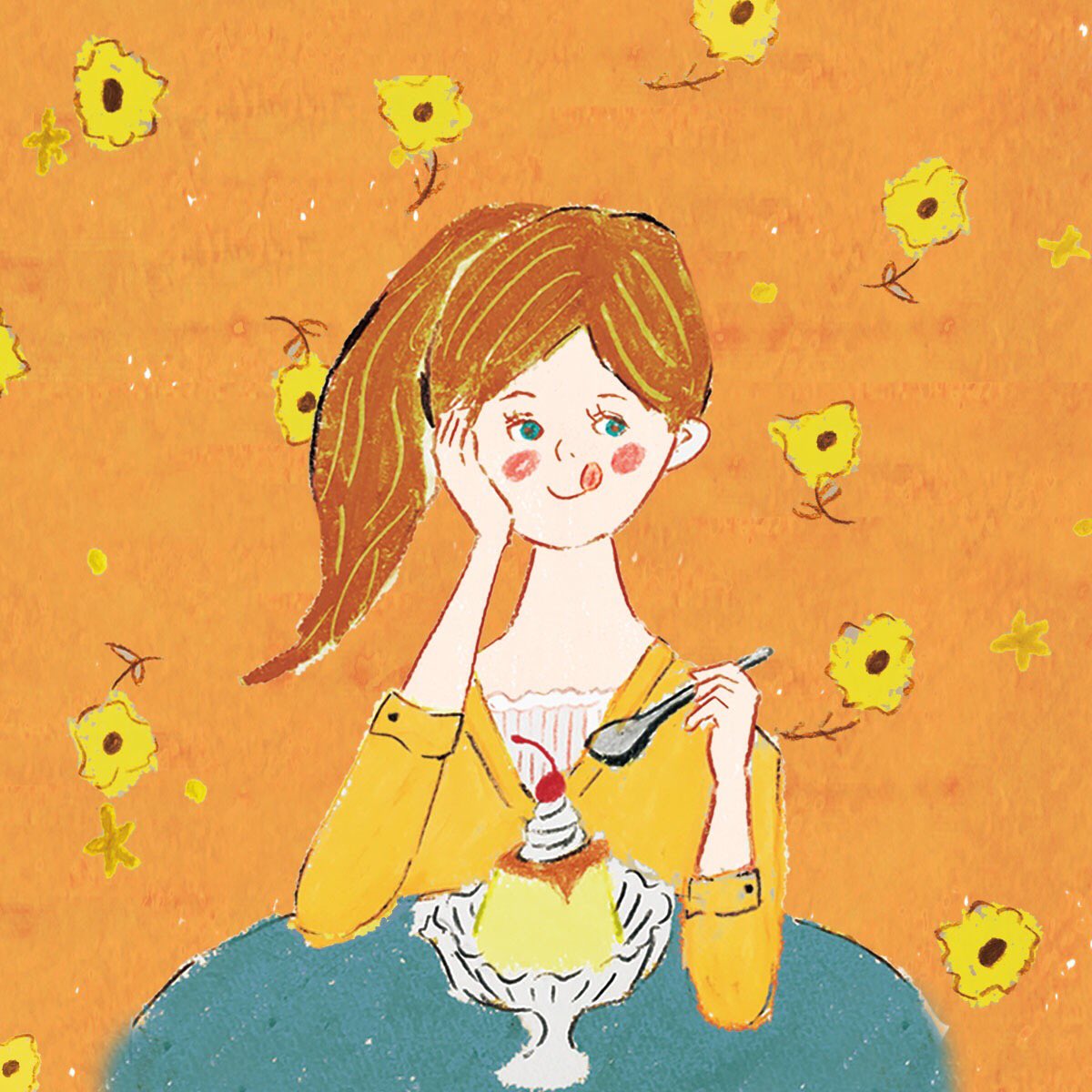 タムロアヤノ イラストレーター プリンを食べる女の子描きました プリン Sweets Oilpastel Salon Food Foods Foodsillustration バナーデザイン Girlsillustration 京都観光 Illustration 女の子イラスト Art かわいいイラスト 食べ物