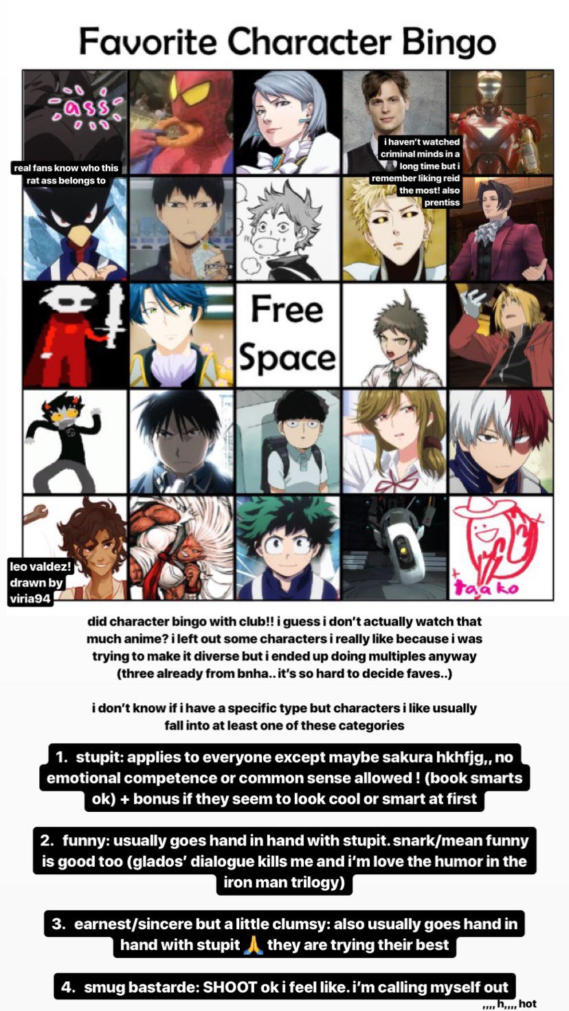 fenkko 🎶 on Twitter "favorite character bingo! i tried to get a wider