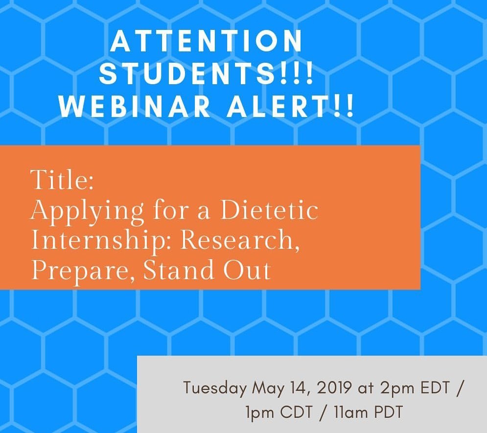 Attention students: help is here for your internship application process!  Learn from DPD and internship directors on how to put your best foot forward. Listen live or to the recording: eatright.webex.com/eatright/j.php…