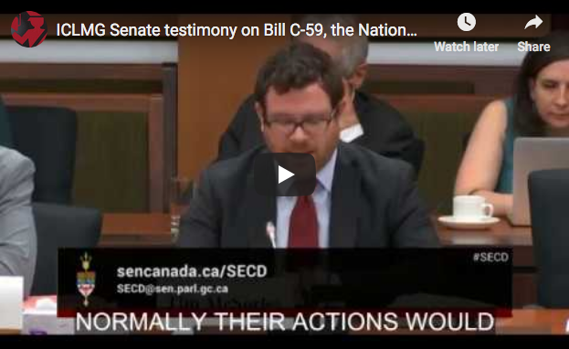 ICLMG's tweet photo. WATCH ICLMG's full testimony at #SECD committee on Bill #C59 the National Security Act. Too many issues to cover but we say NO to:
1. mass surveillance
2. the No-Fly List
3. cyberattack powers
Call on @SenateCA to #fixC59 & protect our #rights: https://t.co/bxYChFCm1s #cdnpoli https://t.co/qDKEV9AjMU