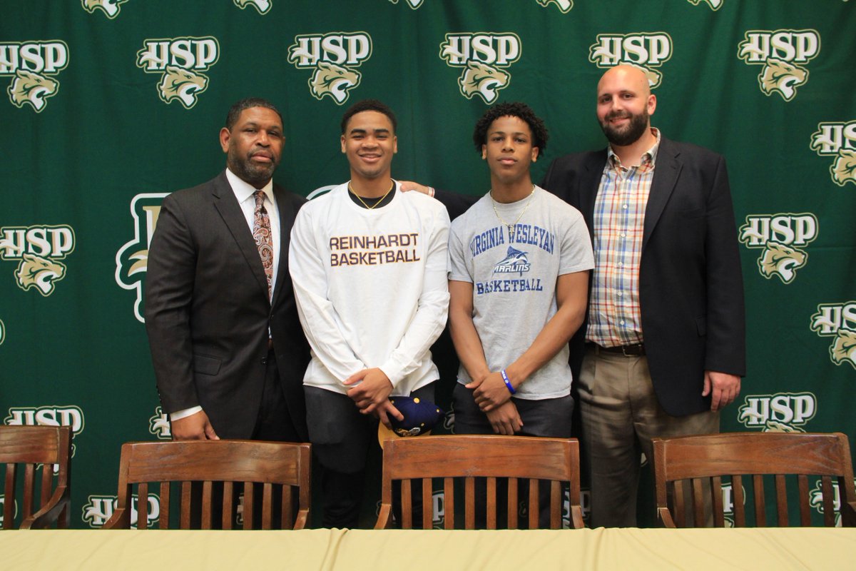 HolySpiritPrep's tweet photo. Congratulations to Kye and Miles who signed their letters of intent today. They'll both be playing basketball in the fall, Kye at @Reinhardt_Univ and Miles at @VAWesleyan. #cpride https://t.co/mBNnfG5AwR