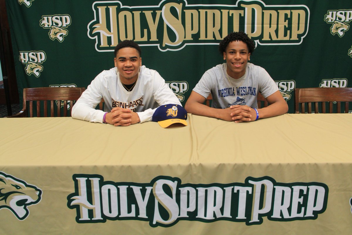 HolySpiritPrep's tweet photo. Congratulations to Kye and Miles who signed their letters of intent today. They'll both be playing basketball in the fall, Kye at @Reinhardt_Univ and Miles at @VAWesleyan. #cpride https://t.co/mBNnfG5AwR