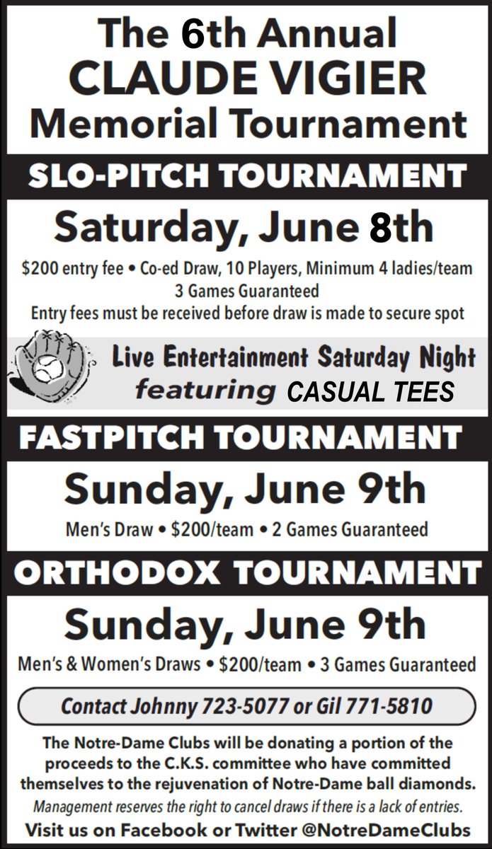 The 6th annual Claude Vigier Memorial Tournament is only a month away! Check out the pic for more details. Beer gardens open all weekend with live entertainment Saturday night featuring Casual Tees!

RT to spread the word and a chance to win a $50 <a href="/TallboysPub/">Tallboys Grill&Pub</a> gift card!