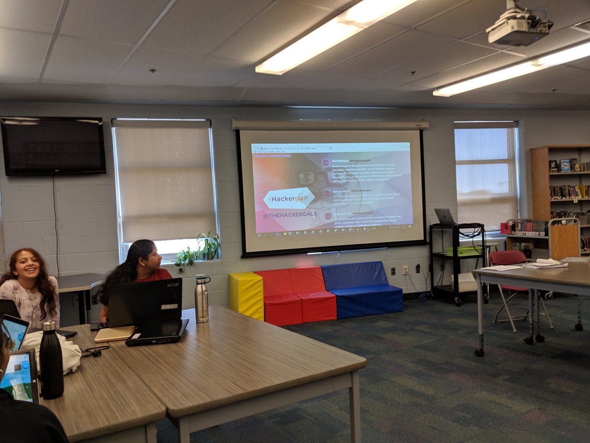 Code4Girlz's tweet photo. Watching our Tweets appear live on @tweetthewallrus = FUN! We loved this feature during this year's @thehackergals Hackathon #HACKERGAL2019 #BECAUSEWECAN  #WomenInSTEM https://t.co/4lArRhAzWy