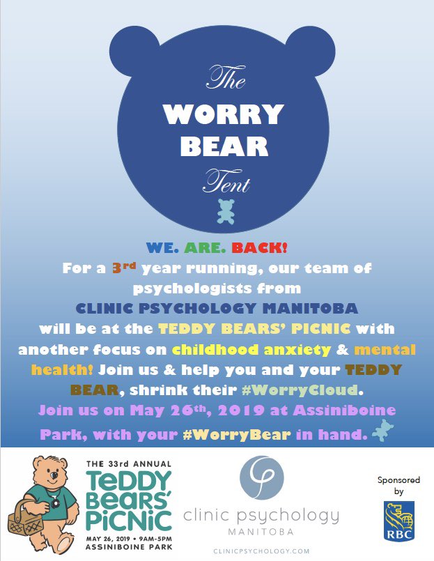 winnlovewinn's tweet photo. We. Are. Back! Join us at this years @chfmanitoba Teddy Bears Picnic with our very own #WorryBear tent! We look forward to helping #children & their teddy bears shrink their #worrycloud & #anxiety! Thanks to @rbc for sponsoring our tent this year !!! #WorryClouds @assiniboinepark https://t.co/lDuGTK2mYN