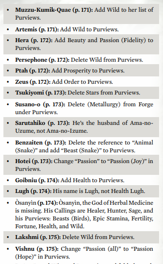 Okay and there is a huge list of gods that have incorrect or missing purviews as noted, as noted by the "Appendix 2" errata posted above. like id understand some but holy shit there are a lot.