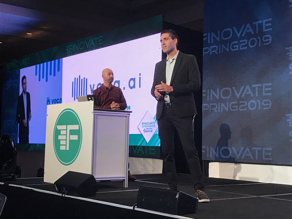 Finovate's tweet photo. .@voca_ai's Einav Itamar and Danny Ruchman demoing an AI-powered, human-like virtual call center agent. #Finovate https://t.co/XGkeRaqqOs