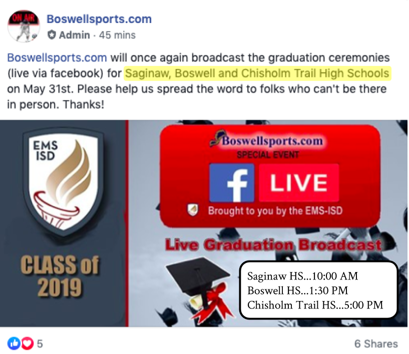 BOSSrCeleb's tweet photo. Thank you to the amazing folks at https://t.co/ByKLEO48w6 for live streaming ALL #EMSISD high school graduation ceremonies for 2019. #Classof2019 #Classof19 Events will be streamed on Facebook Live on May 31st. .@boswellhs .@saginawhstx .@ChisholmTrailHS #EveryoneCanBeThere https://t.co/T7u96W40gS