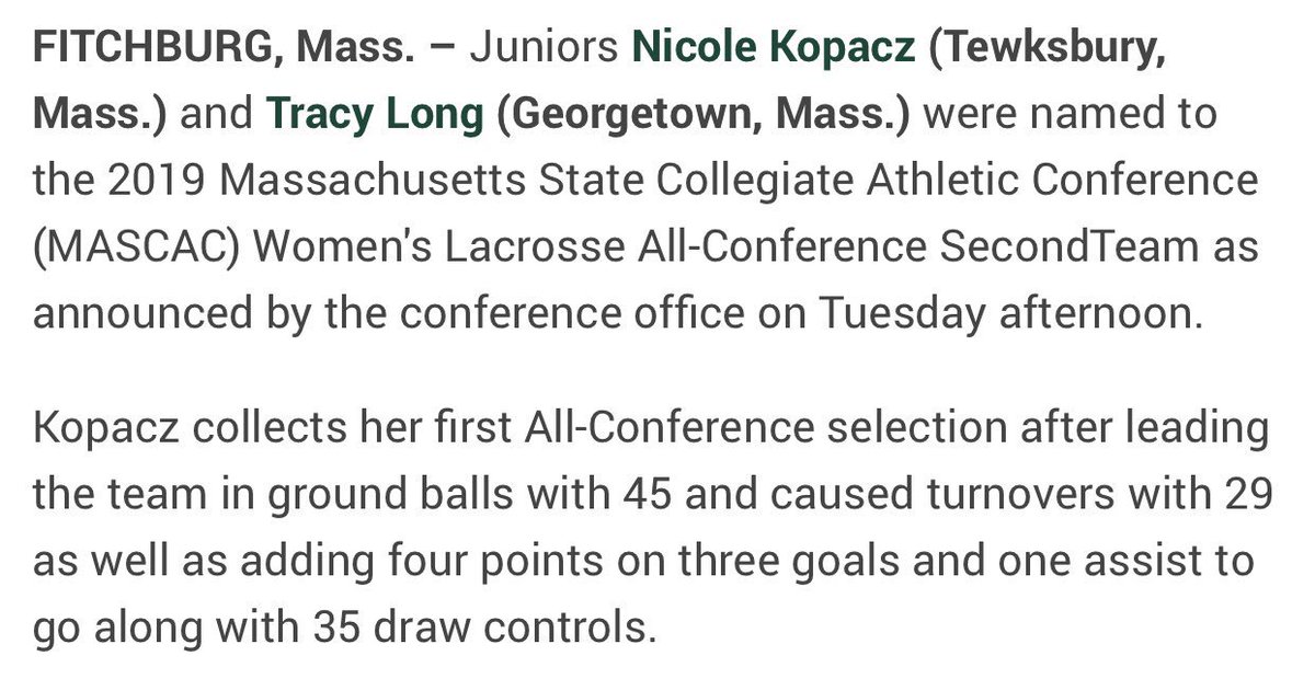 STG_Lax's tweet photo. It’s been a big season for many of our alumni players out on the college fields continuing their lacrosse careers. Congratulations are in order to Nicole Kopacz (class of 2016) for being named to the MASCAC All-Conference Team! We are so proud of you Ko💜🔰 #AlwaysARam https://t.co/VEc00BOUP8