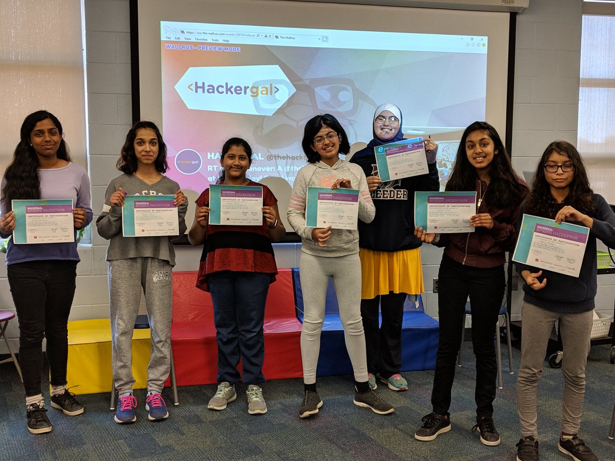 Code4Girlz's tweet photo. Students in @Code4Girlz earn their certificates for participating in this year's first ever @DLMS_MS HackerGal Hackathon! #HacktheGap #hackergal2019 @thehackergals @PeelSchools #BECAUSEWECAN #WomenInSTEM #peel21st #Hackathon https://t.co/gX3JsaJk4n