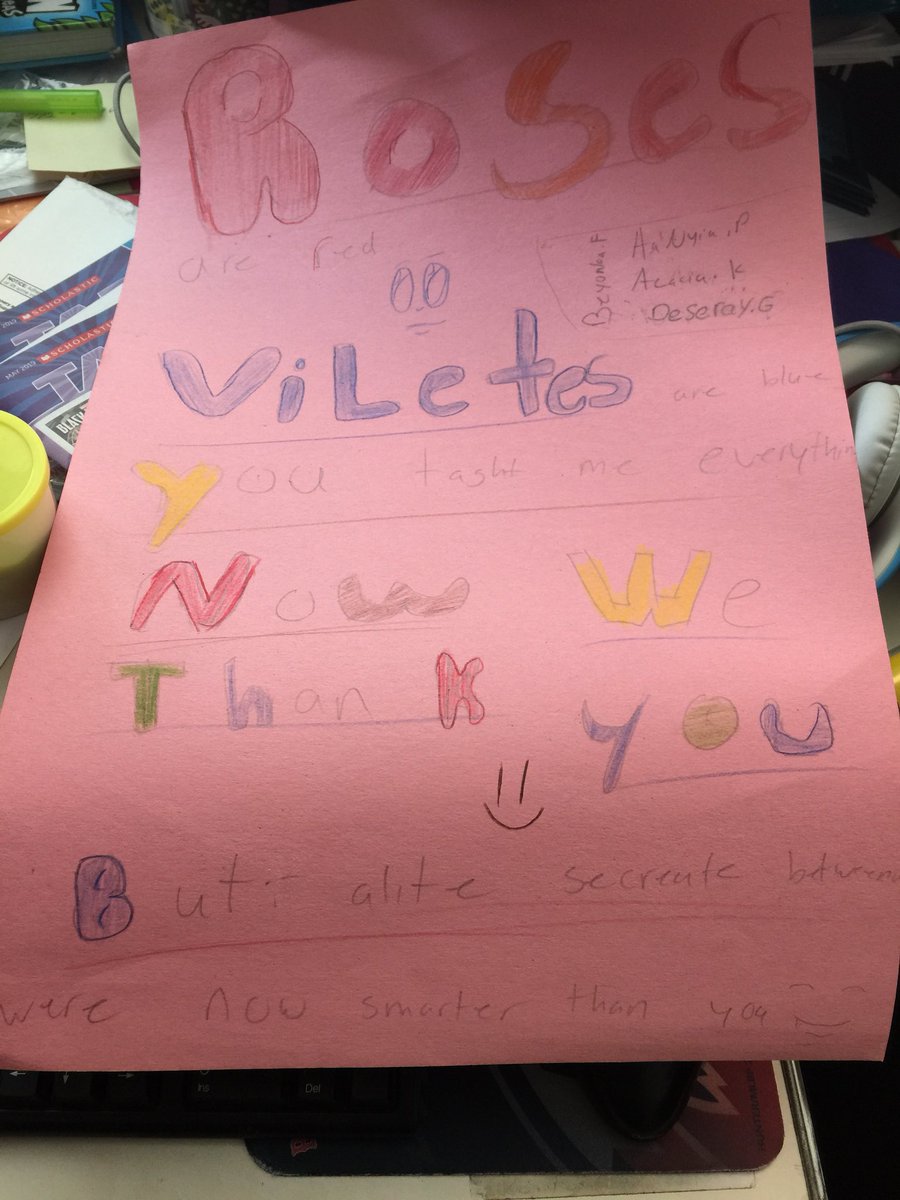 Mrs_Rochon's tweet photo. Got this beautiful poem from some of my girls, traditional start then “you taught us everything, now we thank you” then “a little secret between us, you’re making us now smarter than you!” 🤣🤣❤️❤️ Made my day! I’m going to miss them! #VBEVibe #missionaccomplished #theygetmyhumor https://t.co/EEhGmFIZXJ