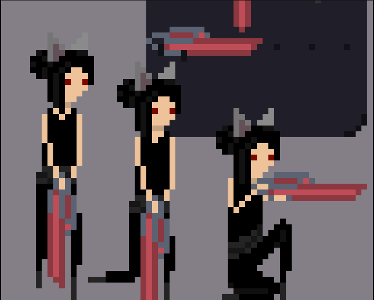 _ChioChi's tweet photo. So here's an update on #foxogirl and her hunter form ^^. I'm liking the new design for her :3. Also started working on a few different weapons. #pixelart #pixel_dailies #pixels #pixelweapon #aseprite #progress https://t.co/I2823Kbvrb