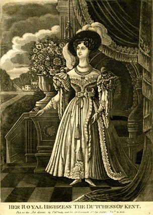 Aquatint of "Her Royal Highness the Dutchess of Kent" standing on a terrace, looking to left and wearing a gown that reveals her shoulders, w/large flounces at the upper arm, sash and tasseled cord, jewelery, and plumed hat, 1838. #duchessofKent #19thcentury