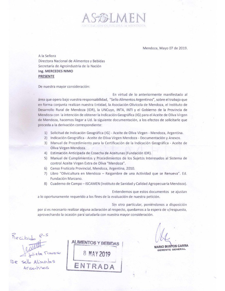 Hoy se presentó en la Secretaria de @AgroindustriaAR el pedido formal para obtener la Indicación Geográfica del #AceiteDeOlivaVirgen de #Mendoza. @MercedesNimo #SelloAlimentosArgentinos @idr_mendoza @UNCUYO @intaargentina @INTIargentina #AsociaciónOlivícolaArgentina