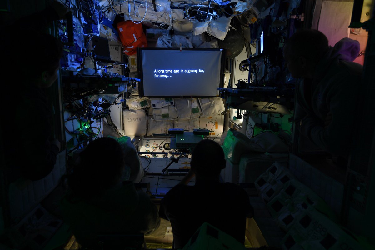 Movie night on the ISS. Recognize the movie? ;) // Soirée cinéma à la Station. Reconnaissez-vous le film? ;) #DareToExplore #OsezExplorer