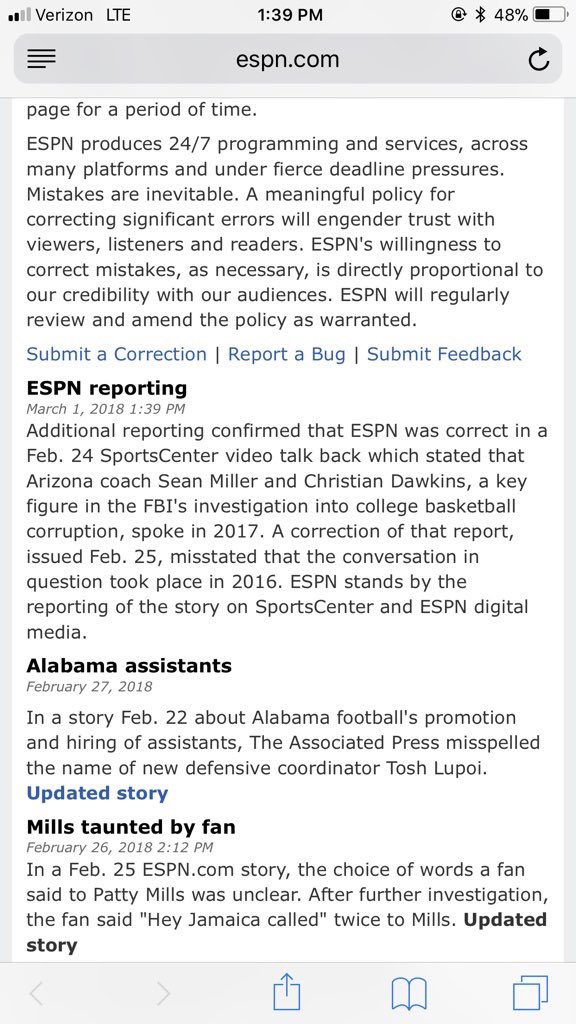 March 1st, 2018: Miller and Arizona have issued statements, directly refuting the claims made in the article. ESPN responds by editorializing it’s corrections section for the 4th time: